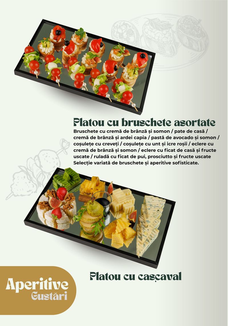 Platou cu bruschete asortate · Platou cu cașcaval — meniul Banquet Hall TheoDora