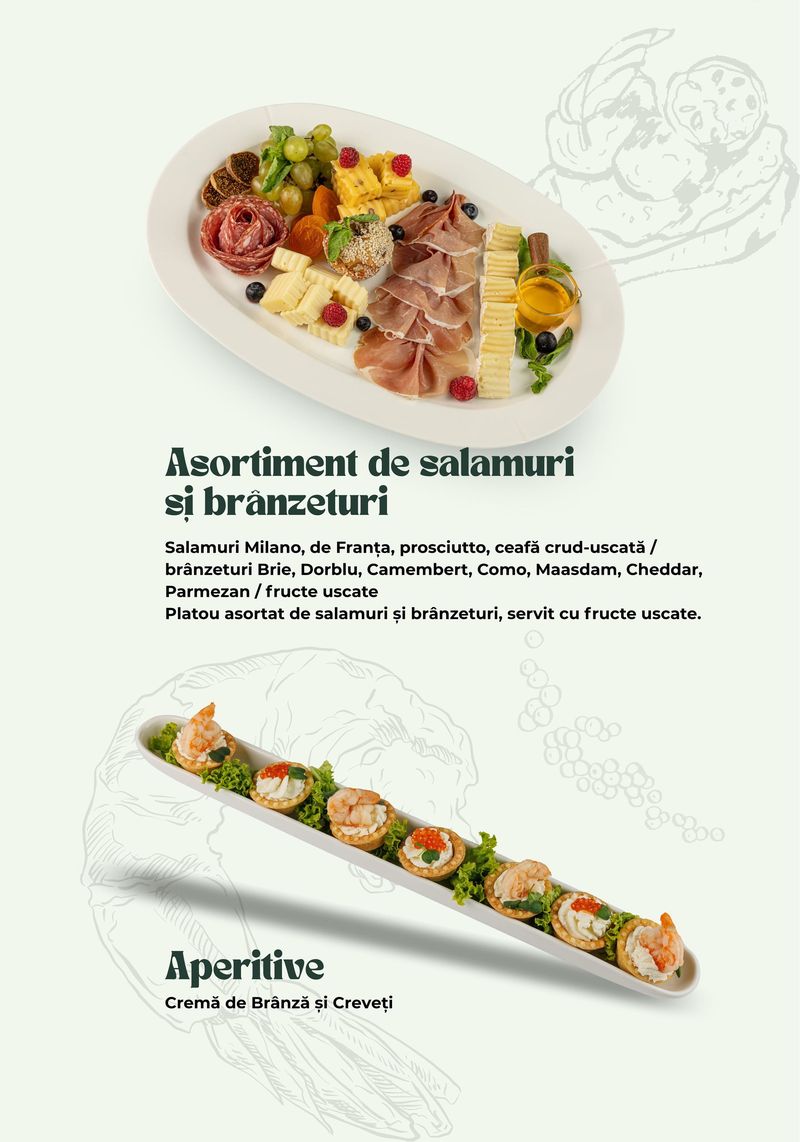 Asortiment de salamuri și brânzeturi · Aperitive cu cremă de brânză și creveți — meniul Banquet Hall TheoDora