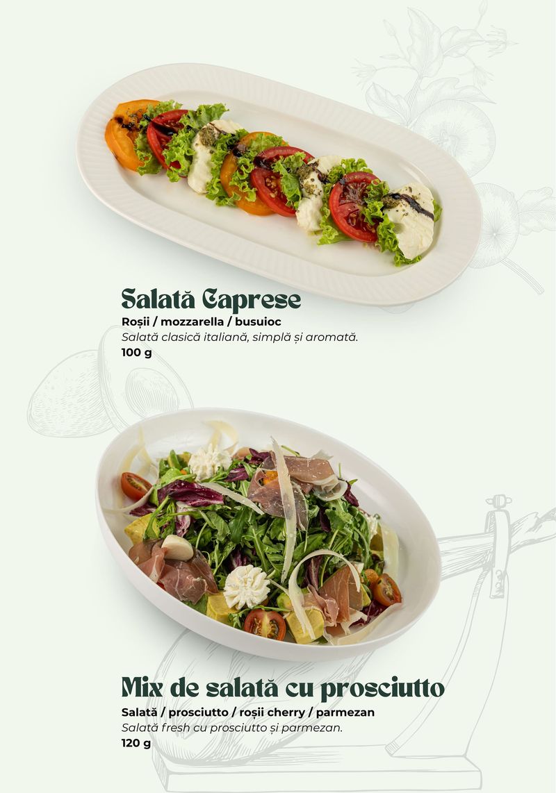 Salată Caprese · Mix de salată cu prosciutto — meniul Banquet Hall TheoDora