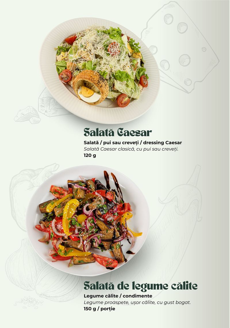 Salată Caesar · Salată de legume călite — meniul Banquet Hall TheoDora