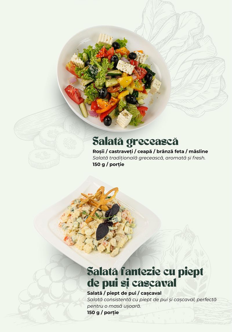 Salată grecească · Salată fantezie cu piept de pui și cașcaval — meniul Banquet Hall TheoDora