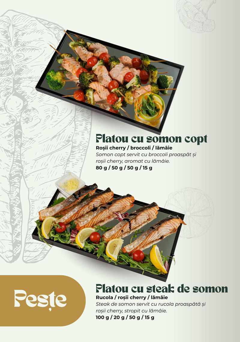 Platou cu somon copt · Platou cu steak de somon — meniul Banquet Hall TheoDora