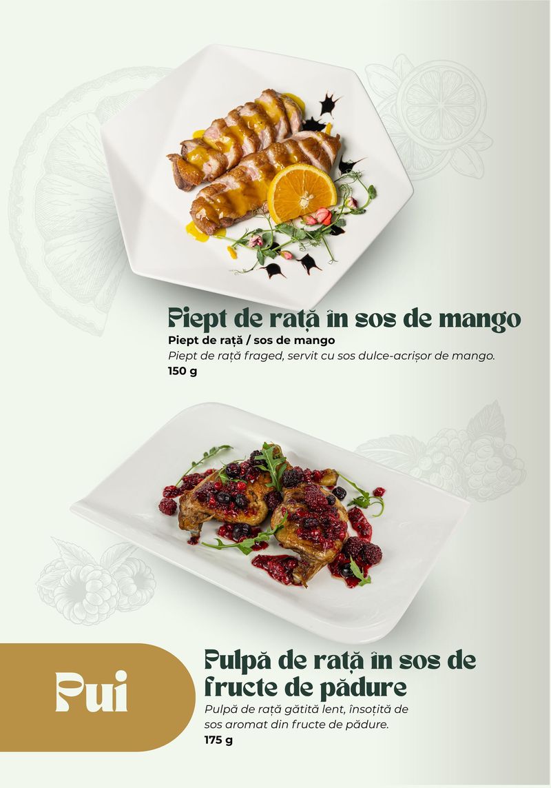 Piept de rață în sos de mango · Pulpă de rață în sos de fructe de pădure — meniul Banquet Hall TheoDora