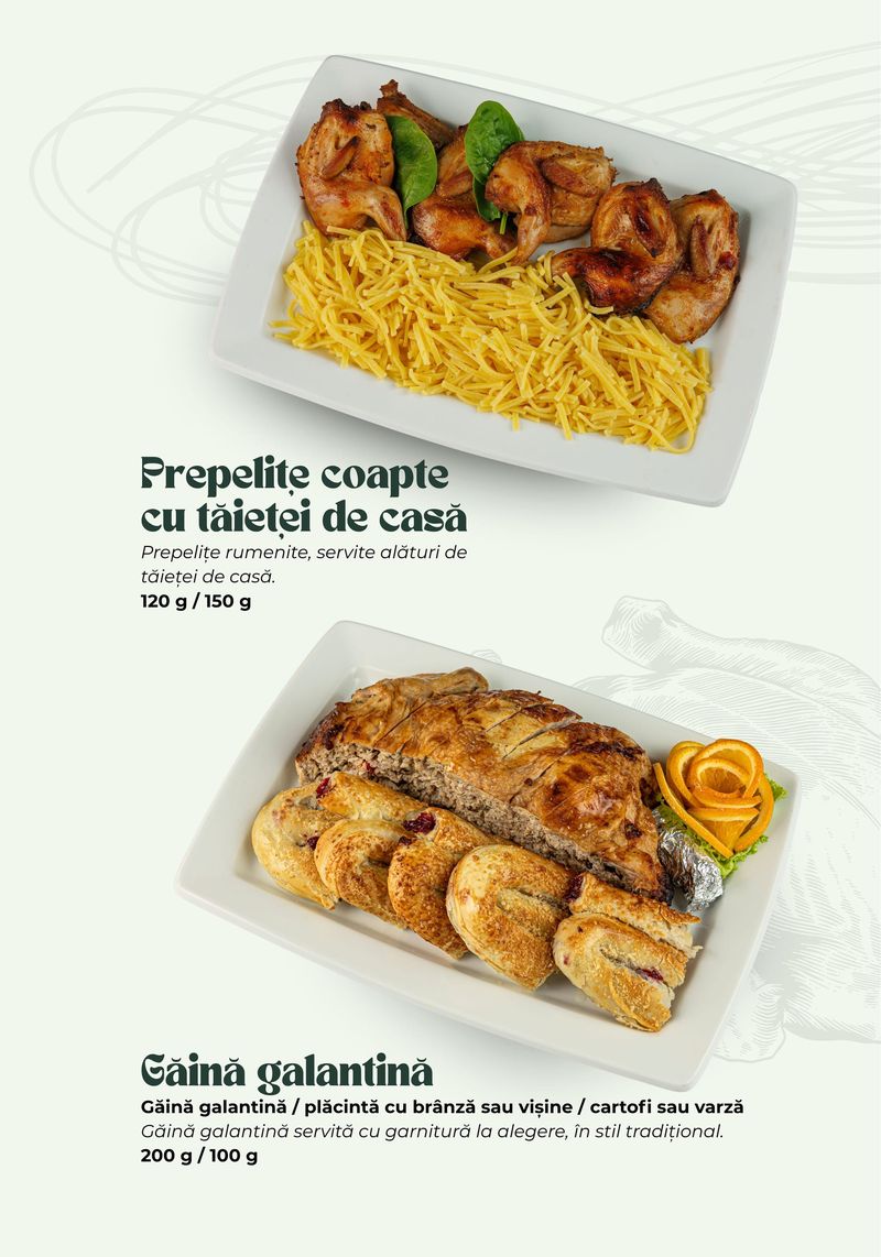 Prepelițe coapte cu tăiței de casă · Găină galantină — meniul Banquet Hall TheoDora