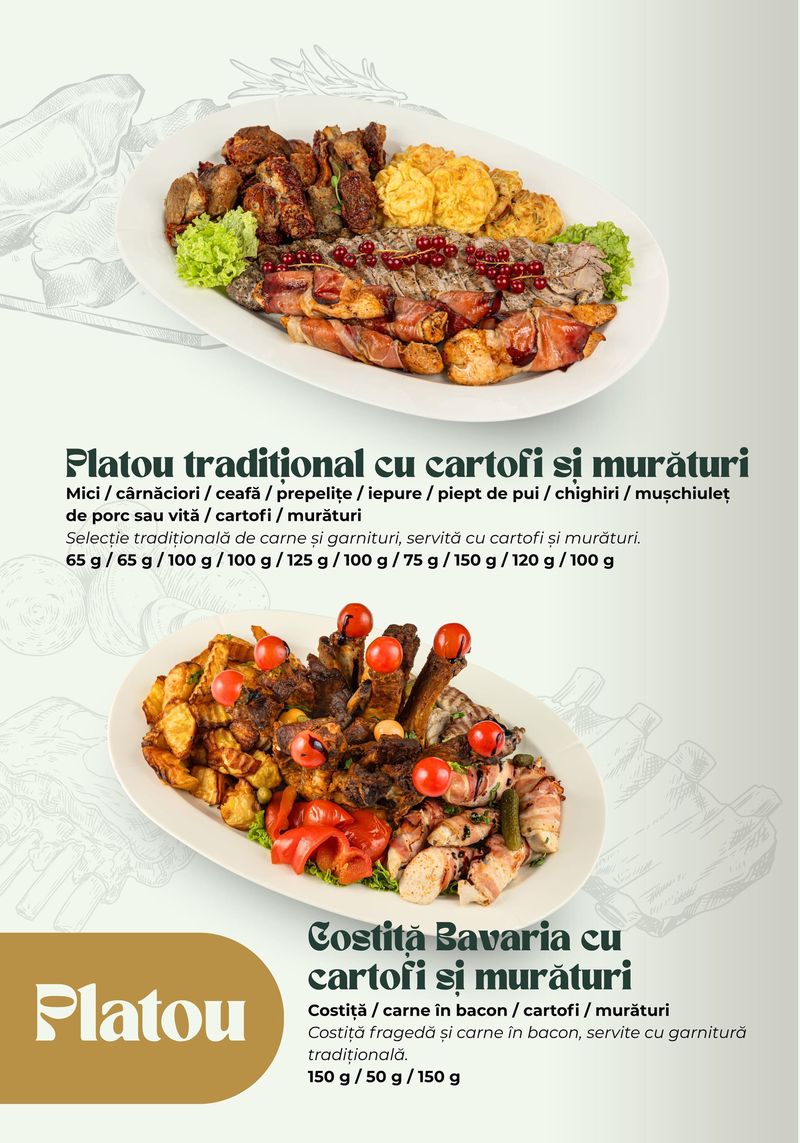 Platou tradițional cu cartofi și murături · Costiță Bavaria cu cartofi și murături — meniul Banquet Hall TheoDora