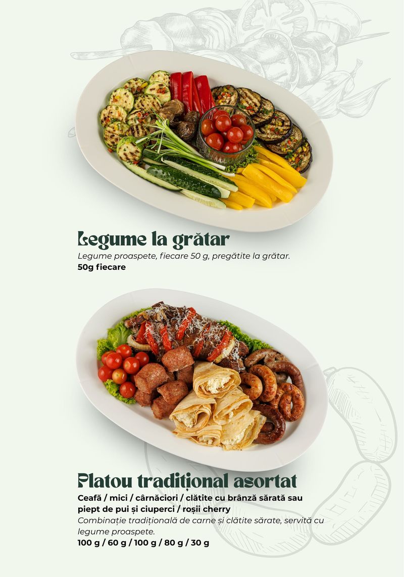 Legume la grătar · Platou tradițional asortat — meniul Banquet Hall TheoDora