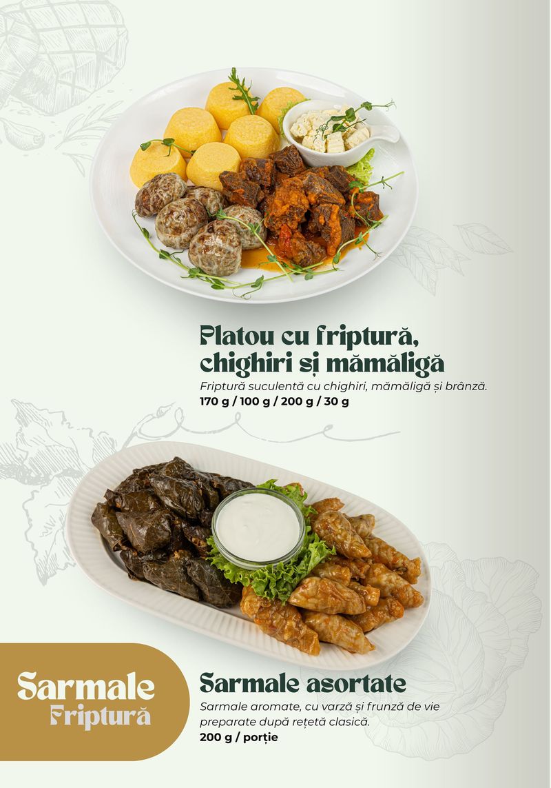 Platou cu friptură, chighiri și mămăligă · Sarmale asortate — meniul Banquet Hall TheoDora