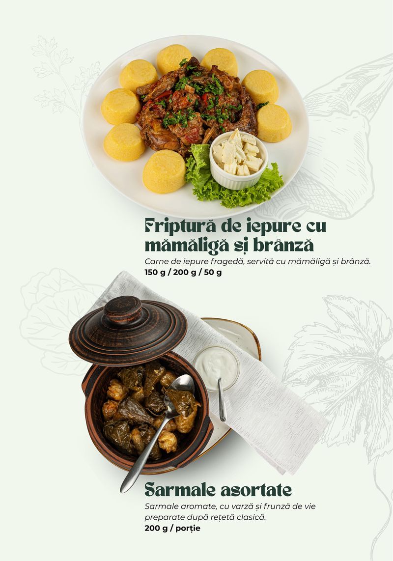 Friptură de iepure cu mămăligă și brânză · Sarmale asortate — meniul Banquet Hall TheoDora