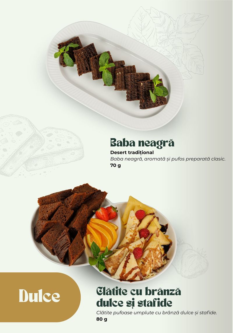 Baba neagră · Clătite cu brânză dulce și stafide — meniul Banquet Hall TheoDora